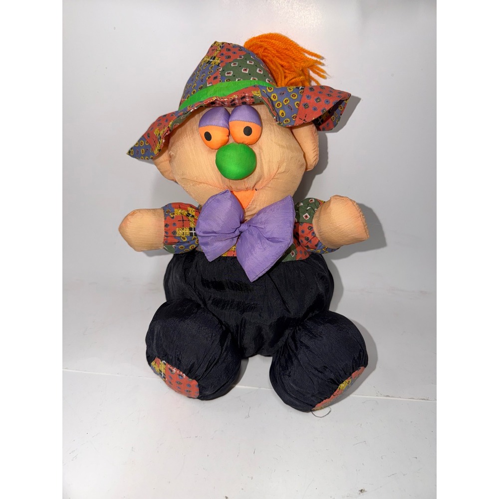 Vintage Patchwork Clown Plush Doll Colorful Bow Tie Orange Yarn Hair 12 Inch